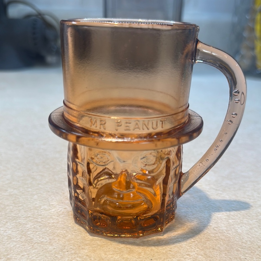 Vintage pink Mr. Peanut Amber Glass Mug